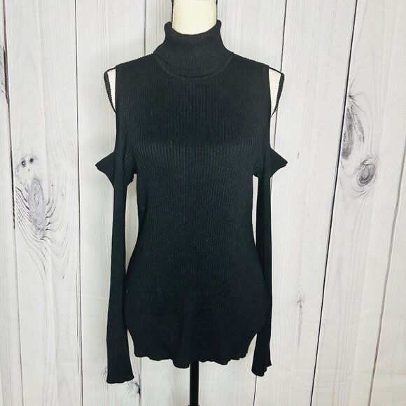 CABLE & GAUGE Cold Shoulder Ribbed Turtleneck Sweater Black Sz L - Picture 1 of 9